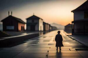 een jongen wandelen naar beneden een straat Bij zonsondergang. ai-gegenereerd foto