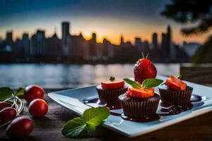 een bord met cupcakes en aardbeien Aan een tafel in voorkant van een stad horizon. ai-gegenereerd foto