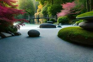 een Japans tuin met rotsen en bomen. ai-gegenereerd foto