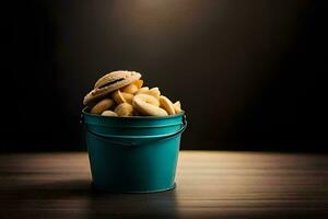 een emmer gevulde met koekjes Aan een houten tafel. ai-gegenereerd foto