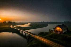 een brug over- een rivier- Bij zonsondergang. ai-gegenereerd foto