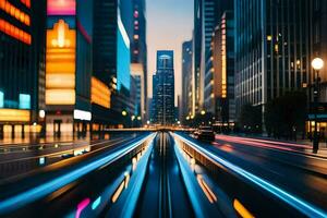 een stad straat Bij nacht met auto's het rijden Aan het. ai-gegenereerd foto