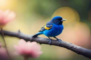 een blauw vogel zit Aan een Afdeling met roze bloemen. ai-gegenereerd foto