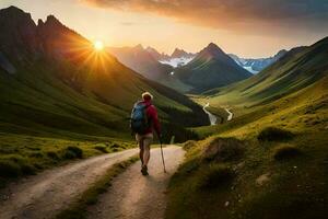 een Mens wandelingen Aan een pad in de bergen. ai-gegenereerd foto