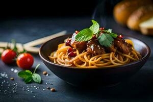 spaghetti met vlees en groenten in een schaal. ai-gegenereerd foto