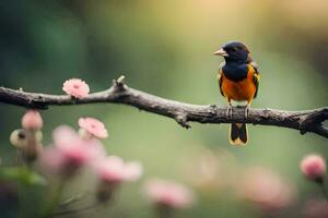 een vogel zit Aan een Afdeling met bloemen in de achtergrond. ai-gegenereerd foto