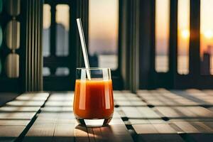 een glas van oranje sap Aan een houten tafel. ai-gegenereerd foto