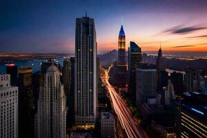 de stad horizon Bij zonsondergang in nieuw york. ai-gegenereerd foto