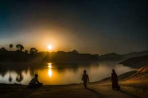 drie mensen staan Aan de kust van een meer Bij zonsondergang. ai-gegenereerd foto