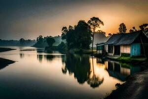 een huis zit Aan de kust van een rivier- Bij zonsondergang. ai-gegenereerd foto