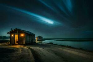 een klein hut Aan de kust van een meer Bij nacht. ai-gegenereerd foto