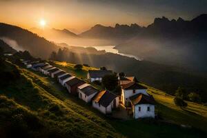 de zon stijgt over- een berg dorp in de Zwitsers Alpen. ai-gegenereerd foto