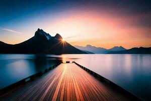 een houten dok strekt zich uit uit in de water Bij zonsondergang. ai-gegenereerd foto