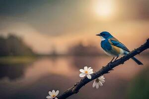 een blauw vogel zit Aan een Afdeling in de buurt een meer. ai-gegenereerd foto