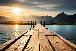 een houten pier uitrekken in de water Bij zonsondergang. ai-gegenereerd foto