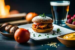 een bord met een hamburger, fruit en een glas van bier. ai-gegenereerd foto