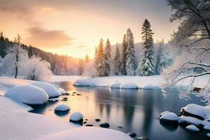 een rivier- in de sneeuw. ai-gegenereerd foto