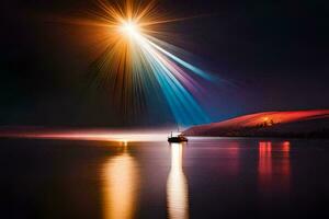 een boot is in de water met een helder licht schijnend bovenstaand het. ai-gegenereerd foto