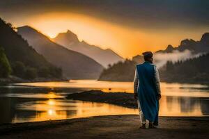 een Mens in een blauw gewaad staat Aan de kust van een meer Bij zonsondergang. ai-gegenereerd foto