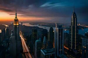 de stad horizon Bij zonsondergang in nieuw york. ai-gegenereerd foto