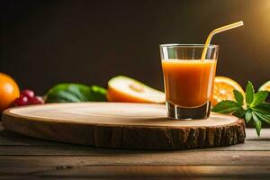 een glas van oranje sap Aan een houten tafel. ai-gegenereerd foto