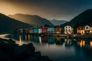 foto behang de lucht, bergen, meer, de stad, de bergen, de stad, de. ai-gegenereerd