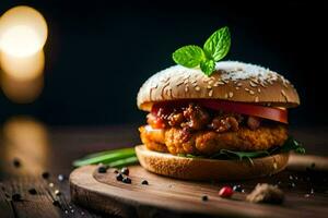 een Hamburger met vlees en groenten Aan een houten bord. ai-gegenereerd foto