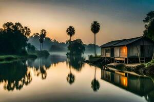 een klein huis zit Aan de rand van een meer Bij zonsopkomst. ai-gegenereerd foto