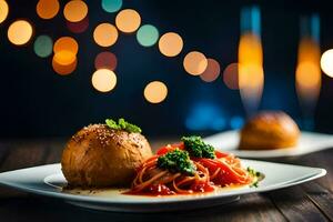 een bord met spaghetti en gehaktballen Aan het. ai-gegenereerd foto