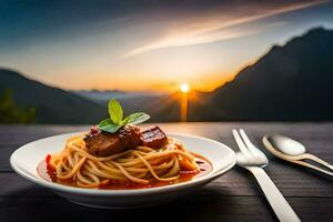 spaghetti met vlees en tomaat saus Aan een bord. ai-gegenereerd foto