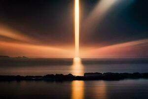 een lang straal van licht is schijnend over- de oceaan. ai-gegenereerd foto