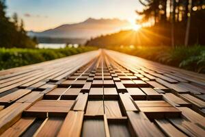 een houten loopbrug met de zon instelling achter het. ai-gegenereerd foto