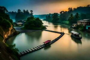 een rivier- in de midden- van een dorp Bij zonsondergang. ai-gegenereerd foto