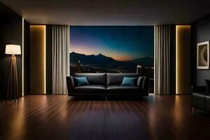 een leven kamer met een visie van de bergen. ai-gegenereerd foto