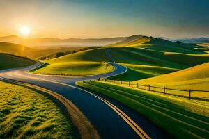 de zon stijgt over- een kronkelend weg in de midden- van een groen veld. ai-gegenereerd foto