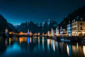 de stad- van hallstatt Bij nacht. ai-gegenereerd foto