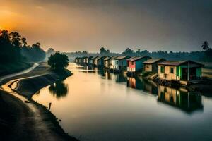 een rivier- met huizen Aan of kant Bij zonsopkomst. ai-gegenereerd foto