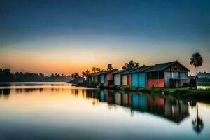 een rivier- met huizen Aan het Bij zonsondergang. ai-gegenereerd foto