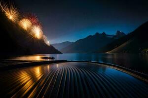 vuurwerk over- een meer Bij nacht met bergen in de achtergrond. ai-gegenereerd foto