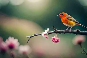 een klein vogel is zittend Aan een Afdeling met roze bloemen. ai-gegenereerd foto