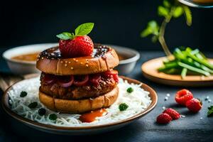 een Hamburger met aardbeien en een kant van rijst. ai-gegenereerd foto