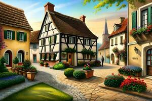 een schilderij van een klein stad- met huizen en bloemen. ai-gegenereerd foto