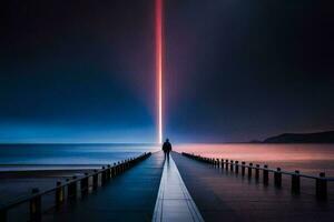 een Mens staat Aan een pier Bij nacht met een lang straal van licht. ai-gegenereerd foto