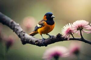 een klein vogel is neergestreken Aan een Afdeling met roze bloemen. ai-gegenereerd foto