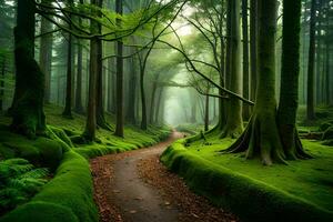 een pad door een groen Woud met bemost bomen. ai-gegenereerd foto
