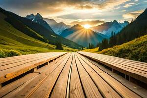 de zon schijnt over- een houten loopbrug in de bergen. ai-gegenereerd foto