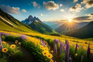 de zon stijgt over- de bergen in deze mooi landschap. ai-gegenereerd foto