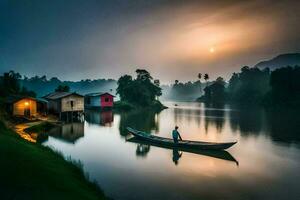 een Mens in een boot Aan de rivier- Bij zonsopkomst. ai-gegenereerd foto