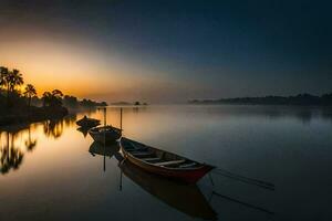 boten Aan de rivier- Bij zonsopkomst. ai-gegenereerd foto