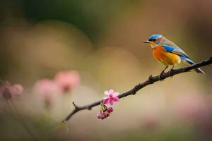 een blauw en oranje vogel zit Aan een Afdeling. ai-gegenereerd foto